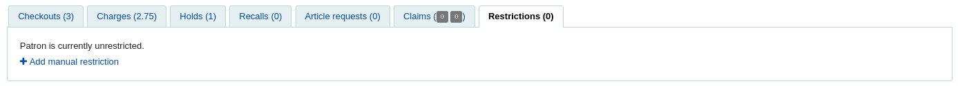 Restrictions tab of the patron's file says "Patron is currently unrestricted" and there is an option to add a manual restriction