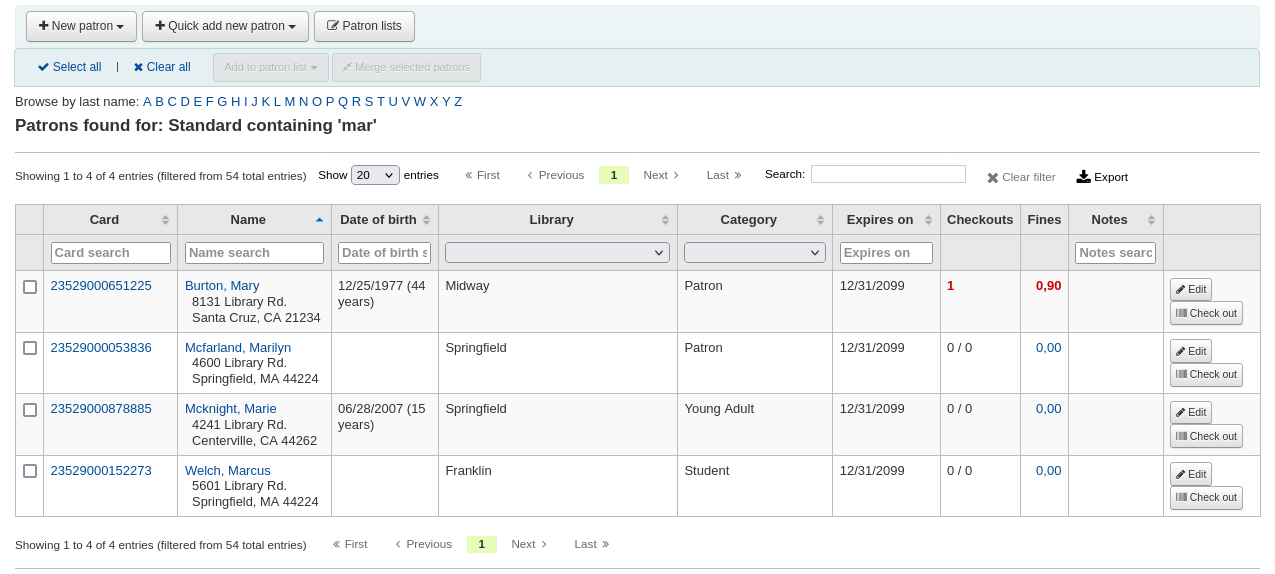 Patron search results table