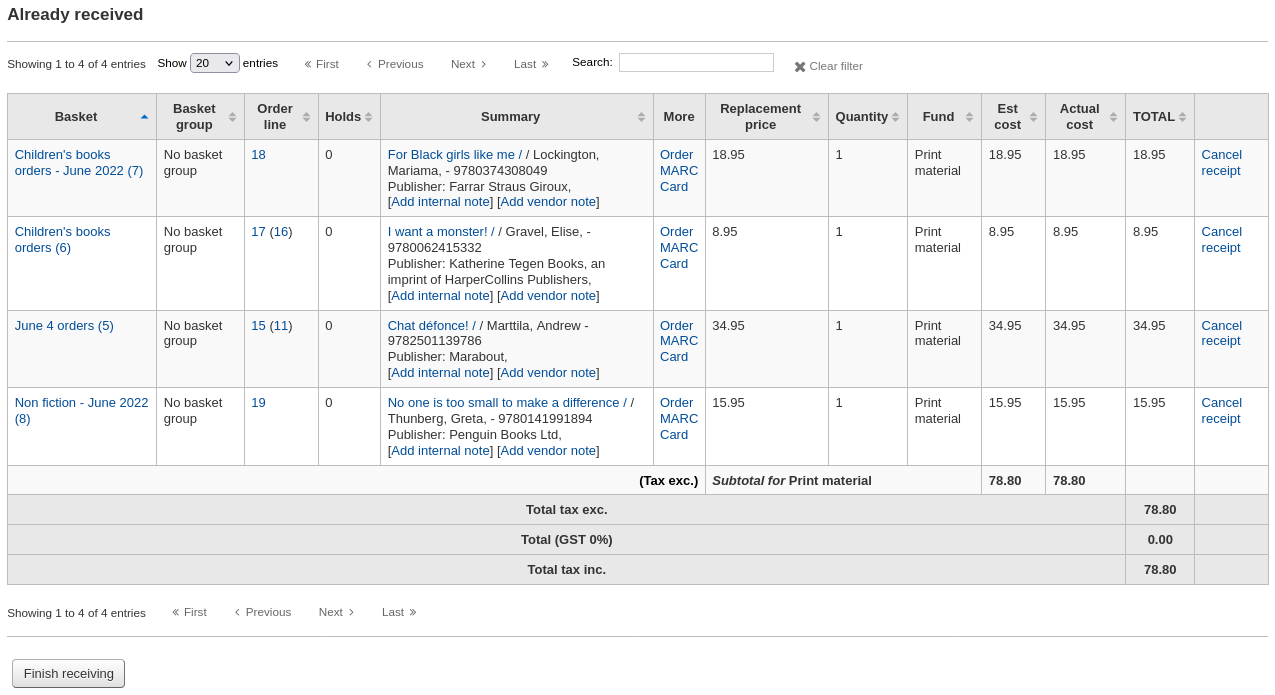 Already received table in the receiving page