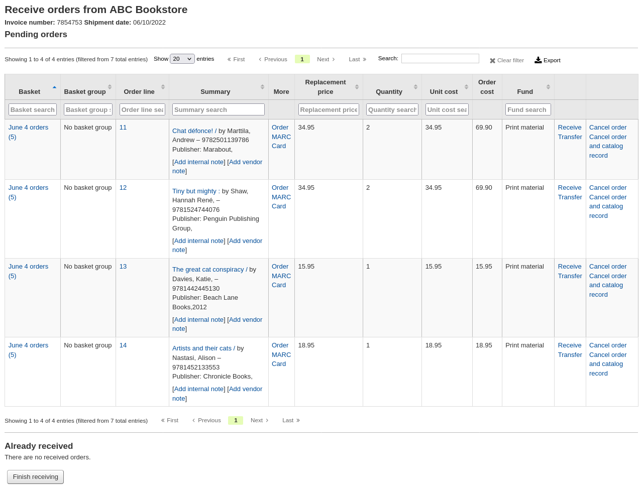 List of all pending orders (not yet received)