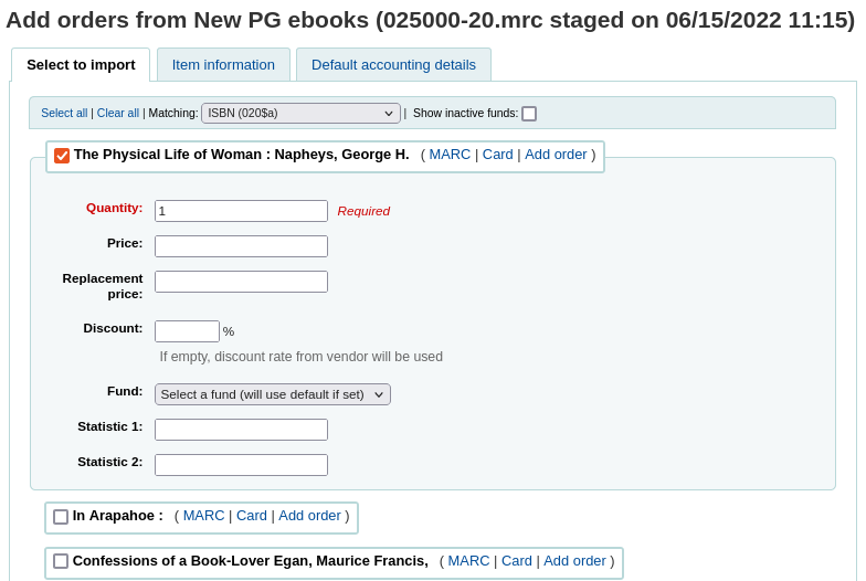 List of titles in staged file, the first title is selected and a form for entering the quantity, price, replacement price, discount, fund and statistics is underneath