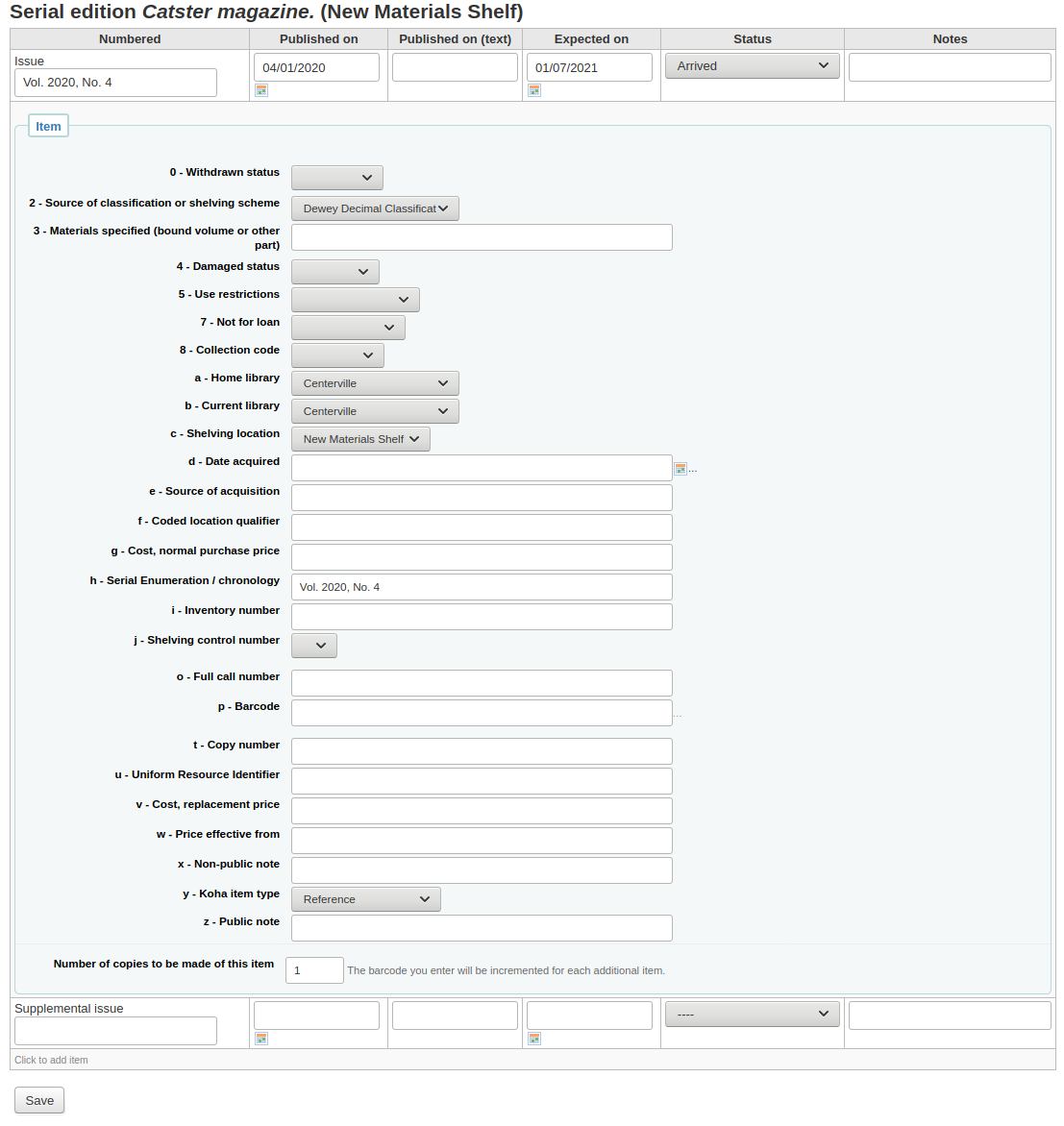 Issue receive form with the item creation form opened