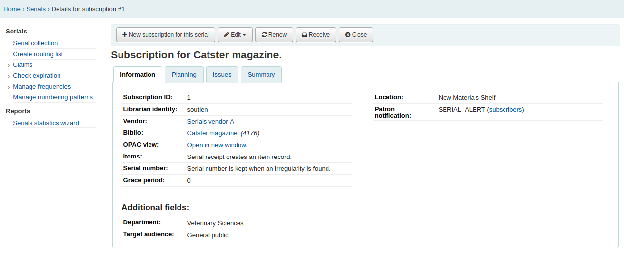 Subscription details page, Information tab, with buttons at the top (New subscription for this serial, Edit, Renew, Receive, Close) and menu on the left (Serial collection, Create routing list, Claims, Check expiration, Manage frequencies, Manage numbering patterns, Serials statistics wizard)