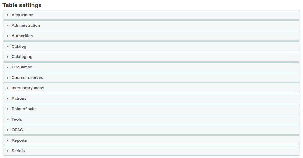 Screenshot of the Table settings page, where we can see all the modules of Koha that have customizable tables