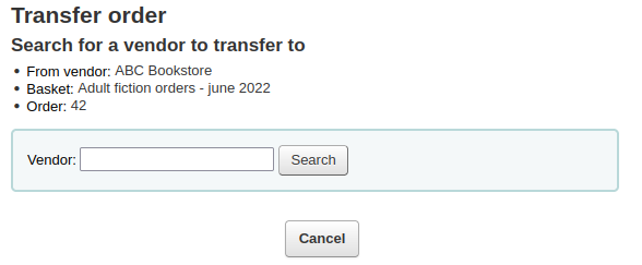 Vendor search box for transferring orders