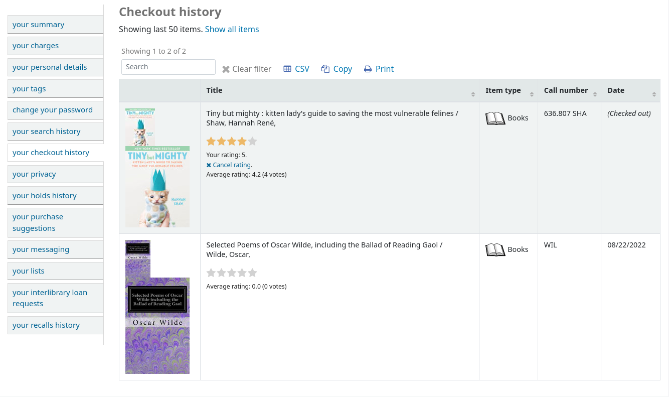 View of the patron's checkout history on the OPAC